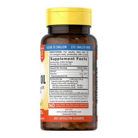 Sundance, Fish Oil Omega-3 Mini Softgels Natural Lemon, 1340 Mg, 60 Tabs Sundance