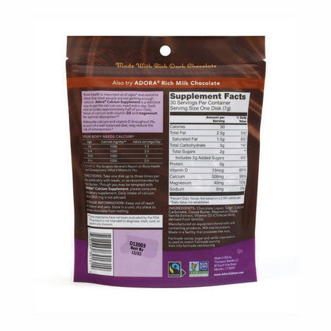 Adora, Calcium Supplement Disk, Organic Dark Chocolate 30 Count Adora