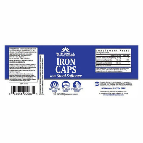 Windmill Health, Iron Caps With Stool Softener, 50 mg, 45 Caplets Windmill Health
