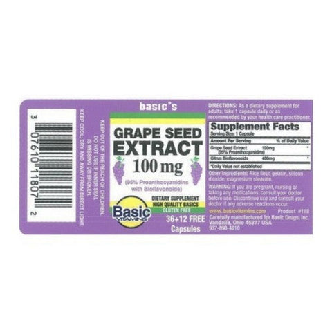 Basic Vitamins, Grape Seed Extract, 100 Mg, 48 Caps Basic Vitamins