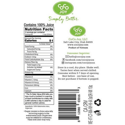 Coco Joy, Watermelon Juice, 16.9 Oz(Case Of 12) Coco Joy