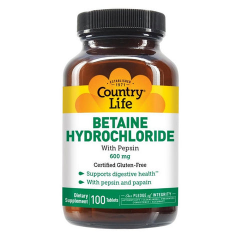Country Life, Betaine Hydrochloride with Pepsin, 600 MG, 100 Tabs Country Life