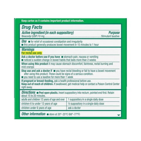 Dulcolax, Bisacodyl Medicated Laxative Suppositories, 10 Mg, 4 Count Dulcolax